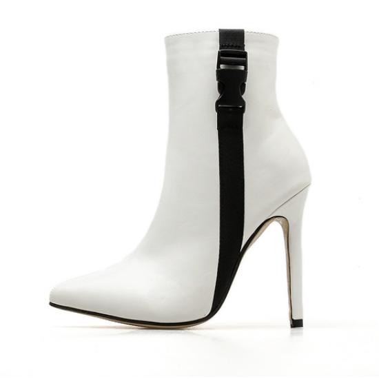 White Black Buckle Pointed Head Ankle Stiletto High Heels ...