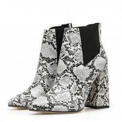 White Snake Print Ankle Pointed Head Block High Heels Boot