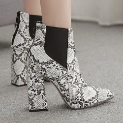 White Snake Print Ankle Pointed Head Block High Heels Boot