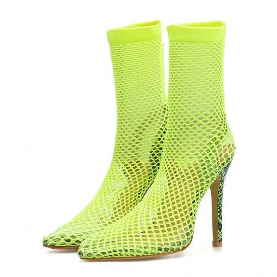 Yellow Fish Net Sheer Stockings Pointed Head Ankle Stiletto High Heels Boos High Heels Zvoof