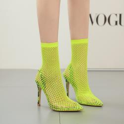 Yellow Fish Net Sheer Stockings Pointed Head Ankle Stiletto High Heels Boos