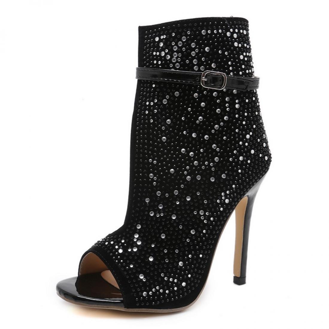 Black Diamante Bling Party Ankle Stiletto High Heels Boots ...
