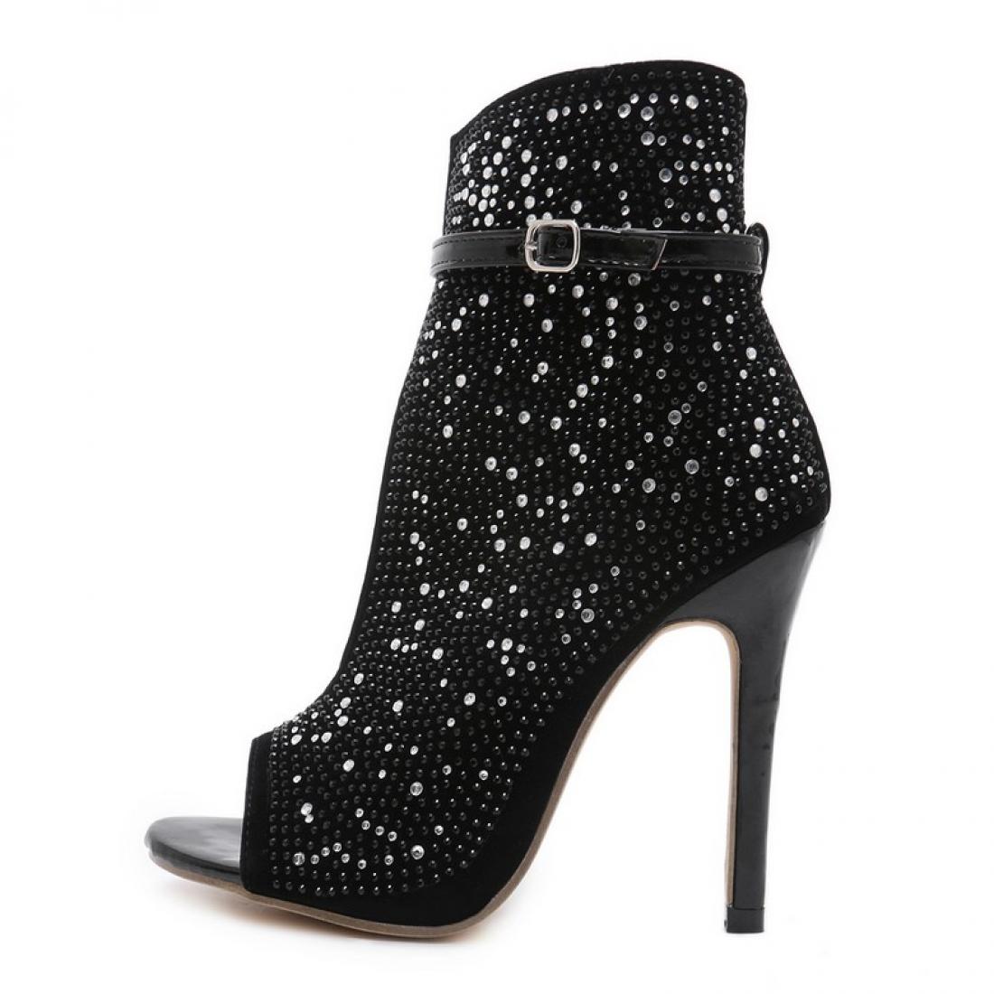 Black Diamante Bling Party Ankle Stiletto High Heels Boots ...