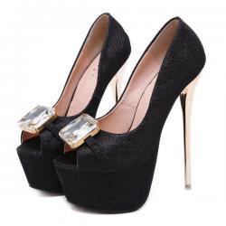 Black Glitters Peep Toe Gemstone Platforms Super High Stiletto Heels Shoes