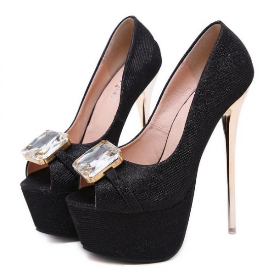 Black Glitters Peep Toe Gemstone Platforms Super High Stiletto Heels Shoes Super High Heels Zvoof