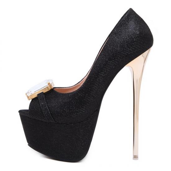 Black Glitters Peep Toe Gemstone Platforms Super High Stiletto Heels Shoes Super High Heels Zvoof