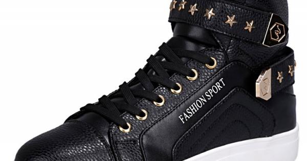 Black Gold Stars Studs High Top Punk Rock Mens Sneakers Shoes ...