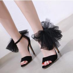 Black Side Giant Flower Sexy Ankle Stiletto High Heels Sandals Shoes