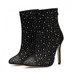 Black Suede Bling Stage Party Ankle Stiletto High Heels Boots