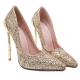 Gold Glitters Bling Bling Pointed Head High Stiletto Heels Bridal Shoes Sandals Zvoof