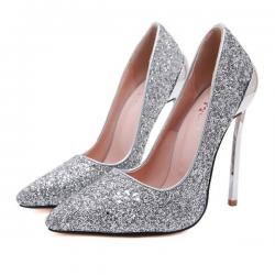 Silver Glitters Bling Bling Pointed Head High Stiletto Heels Bridal Shoes