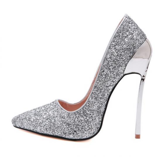 Silver Glitters Bling Bling Pointed Head High Stiletto Heels ...