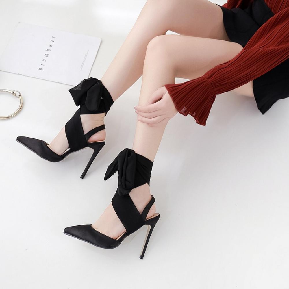 Black Satin Ankle Strappy Stiletto High Heels Sandals Shoes ...