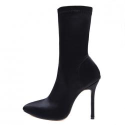 Black Satin Stretchy Party Mid Length High Stiletto Heels Boots Shoes