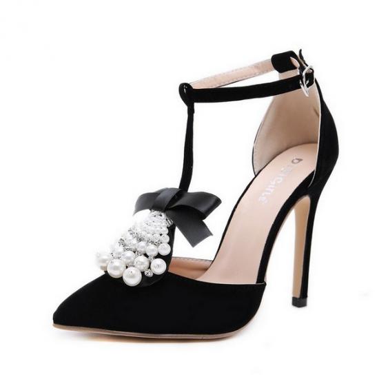 Black Satin T Strap Pearls Tassels Stiletto High Heels Gown Shoes Sandals Zvoof