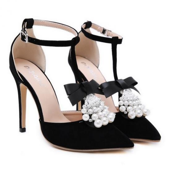 Black Satin T Strap Pearls Tassels Stiletto High Heels Gown Shoes Sandals Zvoof