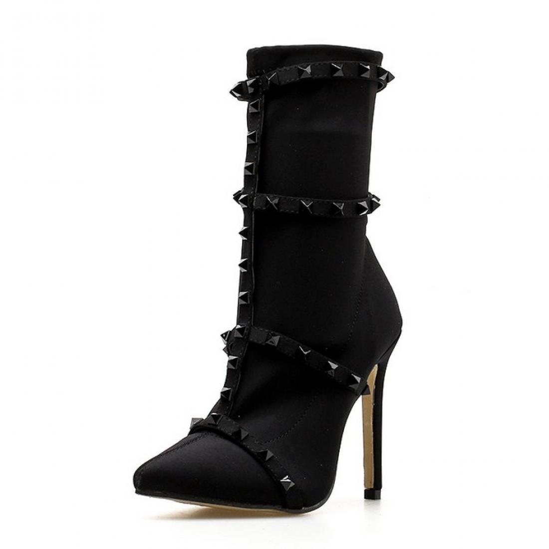 Black Straps Studs Punk Rock Stiletto High Heels Boots Shoes ...