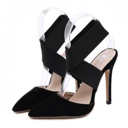 Black Suede Ankle Cross Stiletto High Heels Sandals Shoes