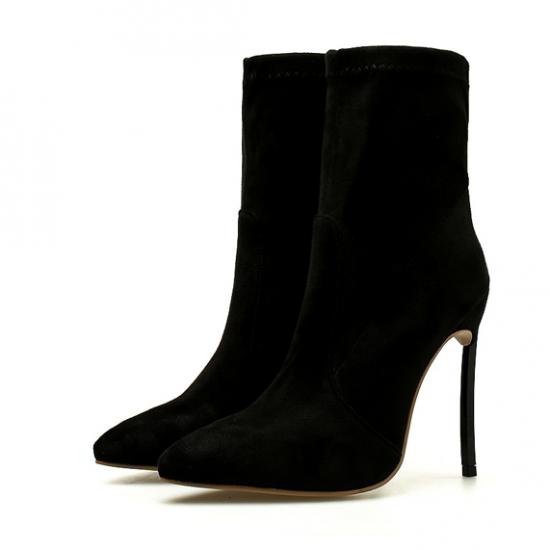 Black Suede Pointed Head Stretchy Ankle Stiletto High Heels Boots High Heels Zvoof