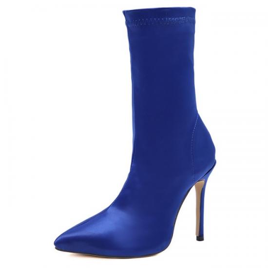 Blue Satin Stretchy Party Mid Length High Stiletto Heels ...