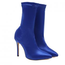 Blue Satin Stretchy Party Mid Length High Stiletto Heels Boots Shoes