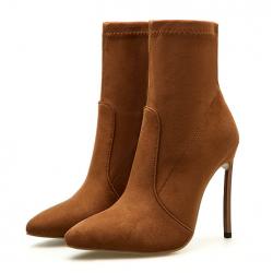 Brown Suede Pointed Head Stretchy Ankle Stiletto High Heels Boots