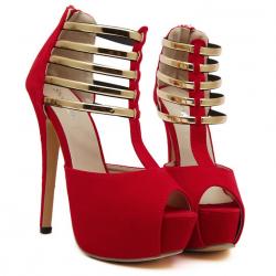 Red Gold T Strap Gladiator Platforms Super High Stiletto Heels Shoes