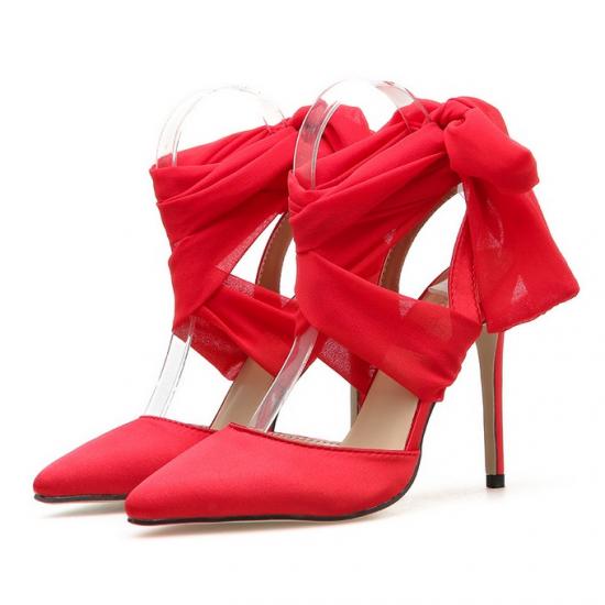 Red Satin Ankle Strappy Stiletto High Heels Sandals Shoes High Heels Zvoof