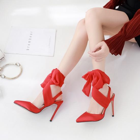 Red Satin Ankle Strappy Stiletto High Heels Sandals Shoes High Heels Zvoof