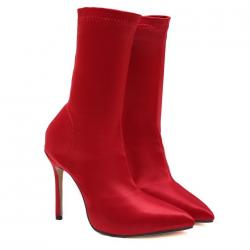 Red Satin Stretchy Party Mid Length High Stiletto Heels Boots Shoes