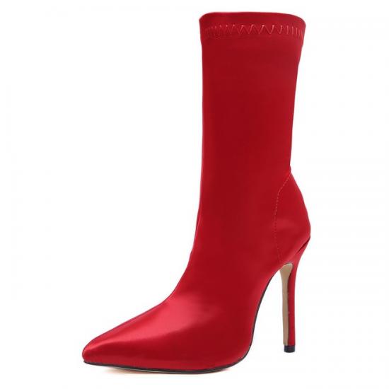 Red Satin Stretchy Party Mid Length High Stiletto Heels Boots Shoes High Heels Zvoof