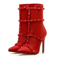 Red Straps Studs Punk Rock Stiletto High Heels Boots Shoes