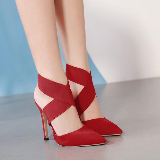 Red Suede Ankle Cross Stiletto High Heels Sandals Shoes High Heels Zvoof