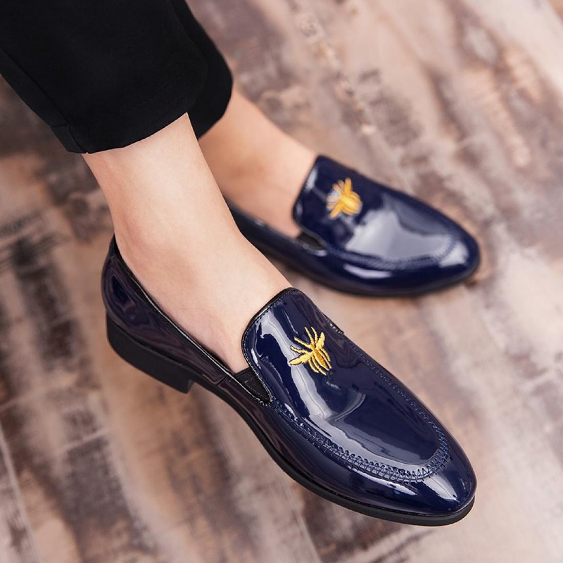 Blue Navy Glossy Patent Spider Mens Loafers Prom Flats Dress 3173