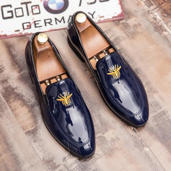 Blue Navy Glossy Patent Spider Mens Loafers Prom Flats Dress Shoes Loafers Zvoof