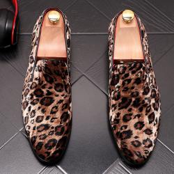 Brown Leopard Velvet Mens Loafers Prom Flats Dress Shoes