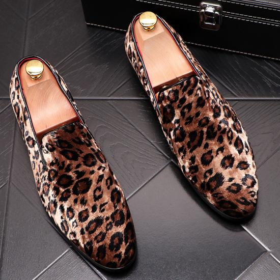 Brown Leopard Velvet Mens Loafers Prom Flats Dress Shoes Loafers Zvoof