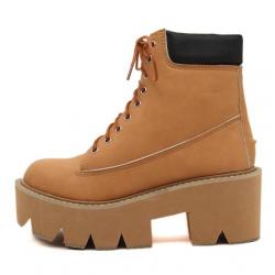 Brown Khaki Lace Up Chunky Block Sole Funky Ankle Boots Shoes