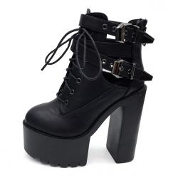 Black Chunky Block Sole Ankle Straps High Heels Boots Shoes