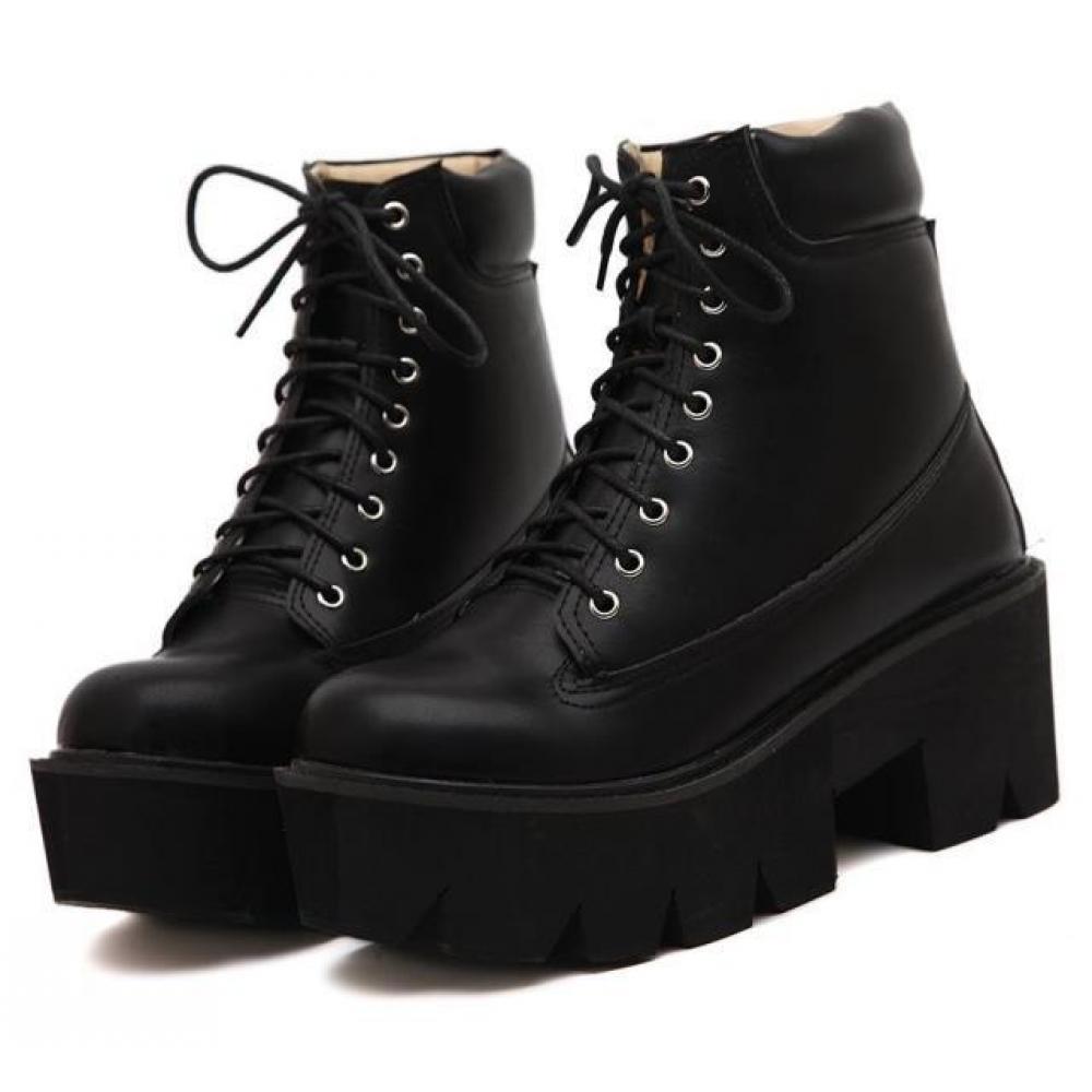 Black Lace Up Chunky Block Sole Funky Ankle Boots Shoes ...
