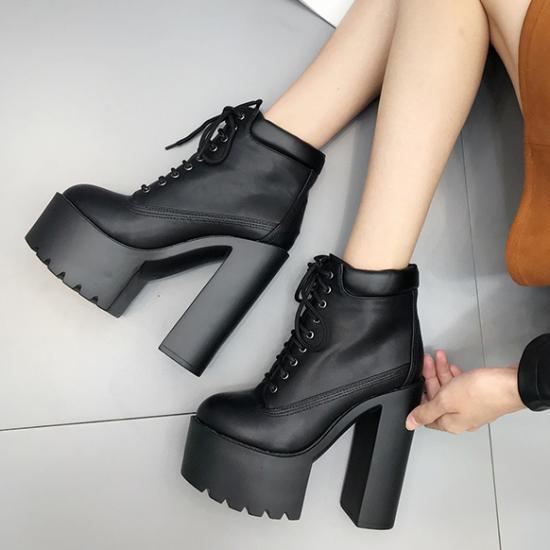 Black Punk Rock Chunky Block Sole Ankle High Heels Boots ...