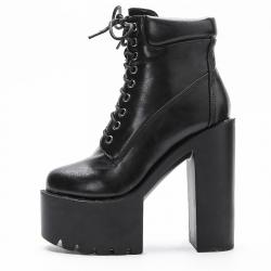 Black Punk Rock Chunky Block Sole Ankle High Heels Boots Shoes