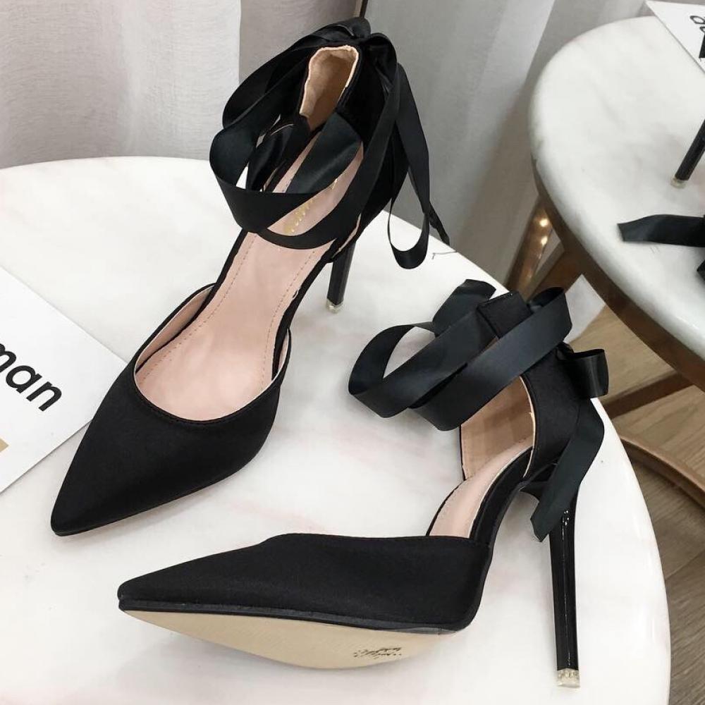 Black Satin Ankle Straps Bow Evening Stiletto High Heels ...