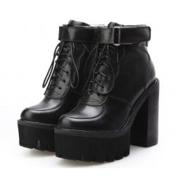 Black Sneakers Chunky Block Sole High Heels Boots Shoes	