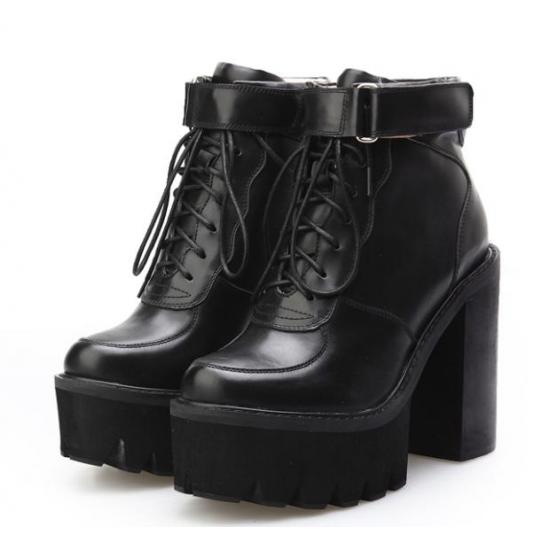 Black Sneakers Chunky Block Sole High Heels Boots Shoes Platforms Zvoof