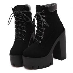 Black Suede Punk Rock Chunky Block Sole High Heels Boots Shoes