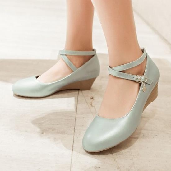 Blue Pastel Lolita Cross Straps Wedges Mary Jane Ballets Flats Shoes Mary Jane Zvoof
