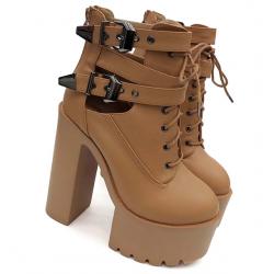 Brown Khaki Chunky Block Sole Ankle Straps High Heels Boots Shoes