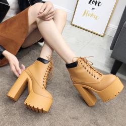 Brown Khaki Punk Rock Chunky Block Sole Ankle High Heels Boots Shoes