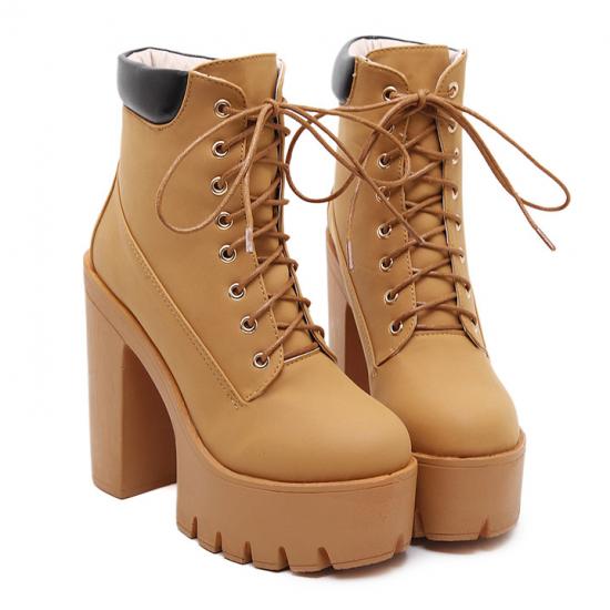 Brown Khaki Punk Rock Chunky Block Sole Ankle High Heels Boots Shoes Platforms Zvoof